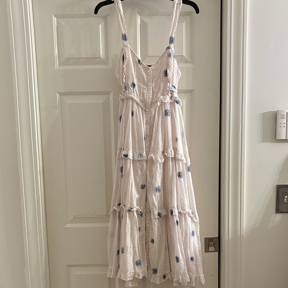 Free People Cream and Blue button up Midi Dress. It has blue daisies.
